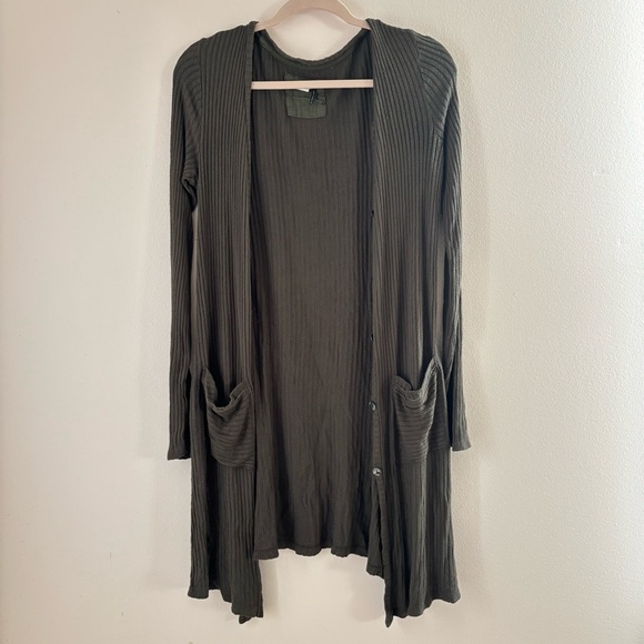 Anthropologie Akemi + Kin Olive Green Ribbed Long Cardigan Size Small Pockets - Picture 2 of 5